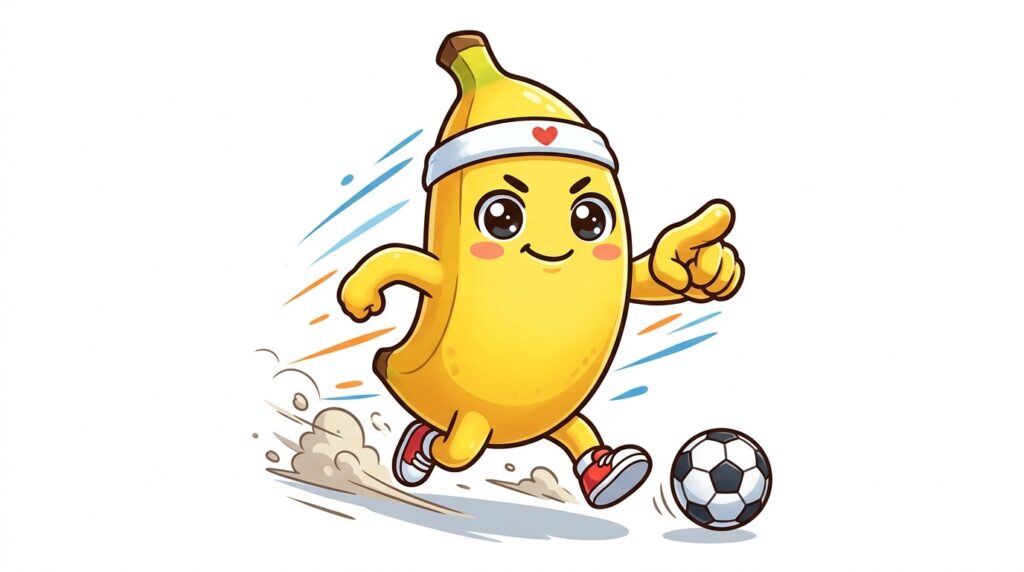Nano Banana cartoon character running and pointing at the viewer next to a soccer ball - start making money during the FIFA World Cup 2026 today