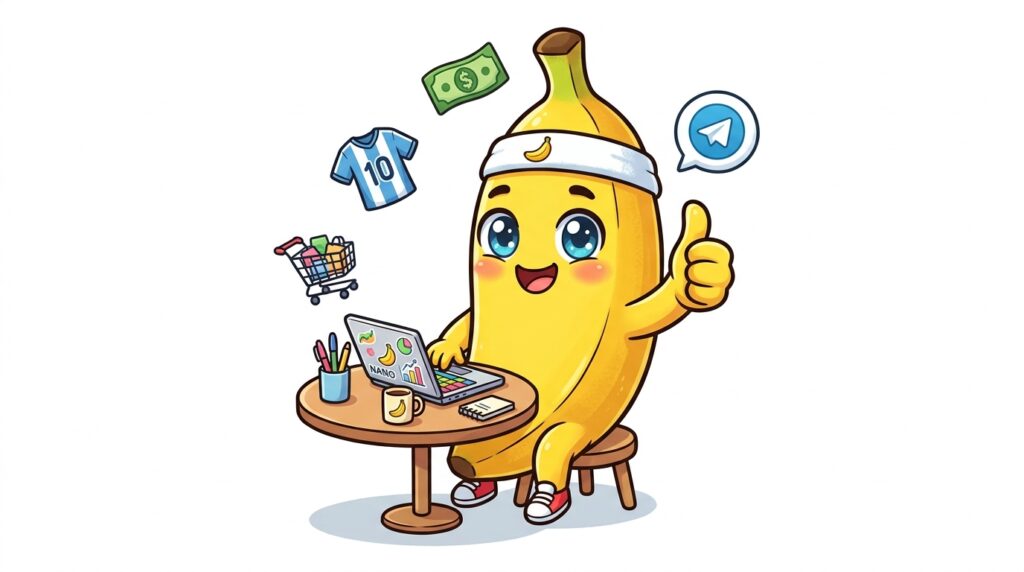 Nano Banana chibi banana cartoon working on a laptop with affiliate links and a soccer jersey floating around him - ways to make money online during the FIFA World Cup