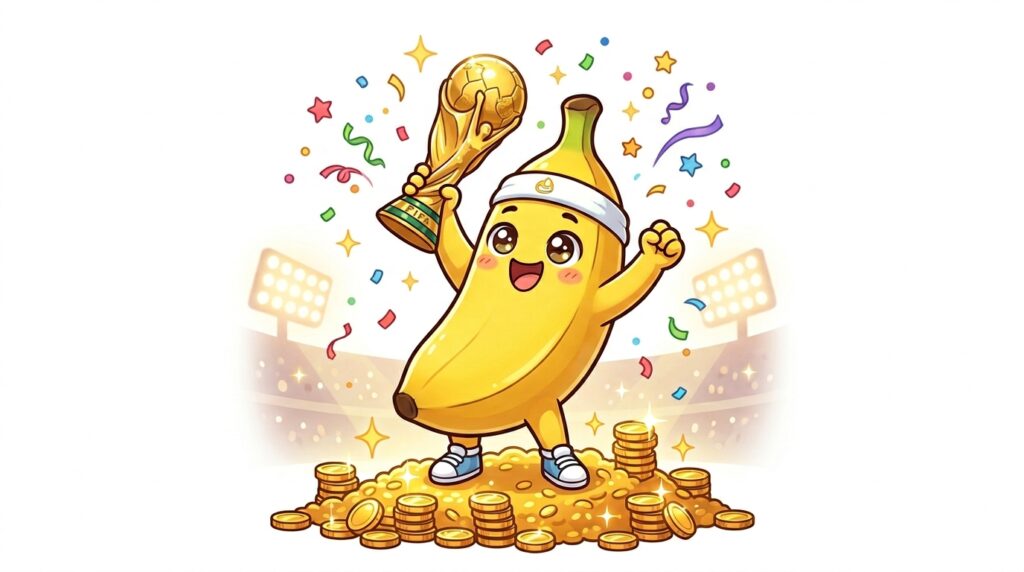 Nano Banana cartoon character celebrating on a pile of gold coins while holding a FIFA World Cup soccer ball trophy - how to make money during the World Cup 2026