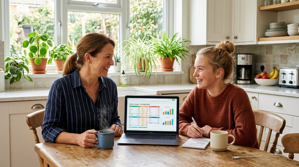 A mother and teenage daughter smiling at a laptop showing a budgeting spreadsheet, illustrating how parents can safely support teens making money online