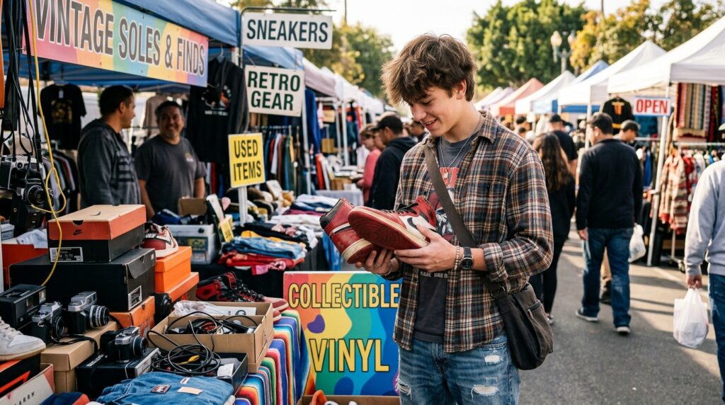 A teenage boy inspecting sneakers at an outdoor flea market to flip for profit, one of the best ways for teenagers to make quick money