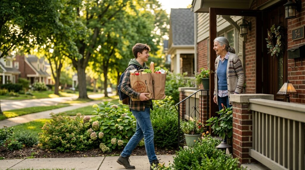 A teenage boy delivering grocery bags to an elderly neighbor at her front door, a fast way for teens to make money in their neighborhood