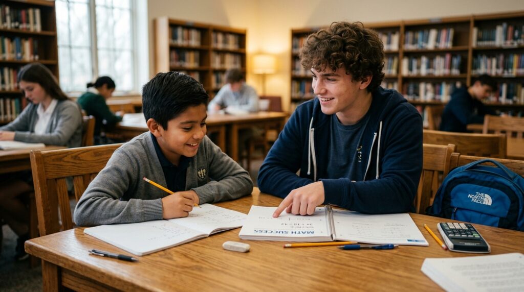A teenage boy tutoring a younger student with a math workbook at a library table, earning money as a teenager through tutoring