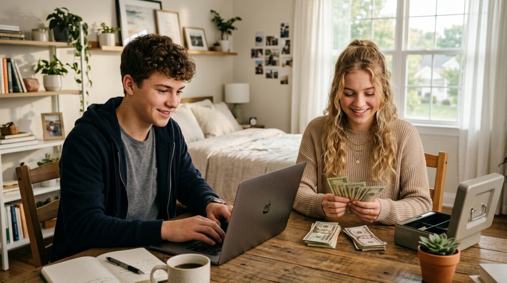 A teenage boy and girl sitting at a wooden desk, one using a laptop and one counting cash, representing ways to make money for teens online and offline