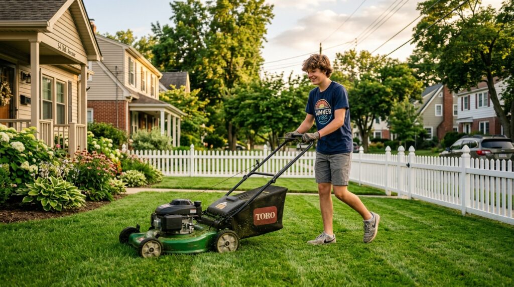 smiling teenage boy mowing a suburban lawn on a sunny day, illustrating offline side hustles as practical ways to make money for teens