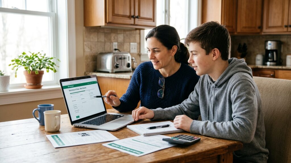 A teenage boy and his parent reviewing a bank account setup page on a laptop at the kitchen table, covering legal steps teens need before earning money online