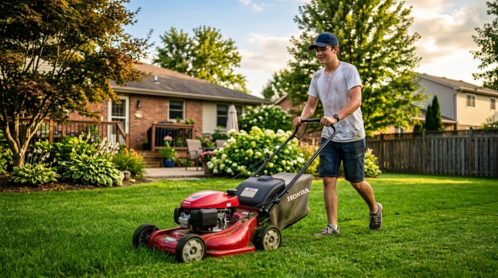 A teenage boy mowing a green suburban lawn on a sunny day to earn money fast as a teenager