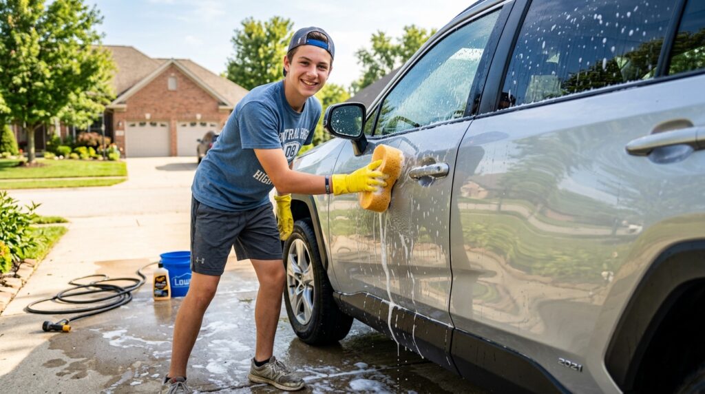 A smiling teenage boy washing a silver SUV in a sunny driveway, a quick way for teenagers to make money today