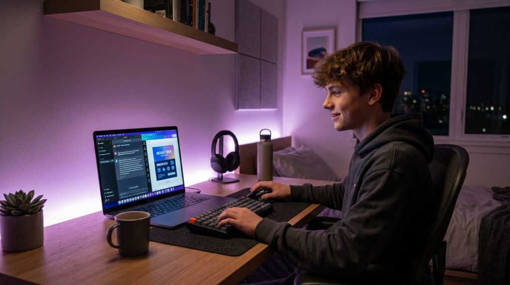 A teenage boy at a desk with a laptop showing an AI chat interface and a Canva design, demonstrating how AI tools help teens earn more money online