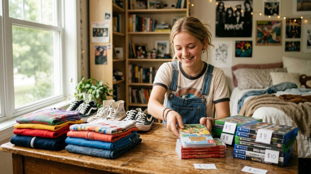 A teenage girl arranging old clothes, shoes, and video games on a table to sell online and make money fast