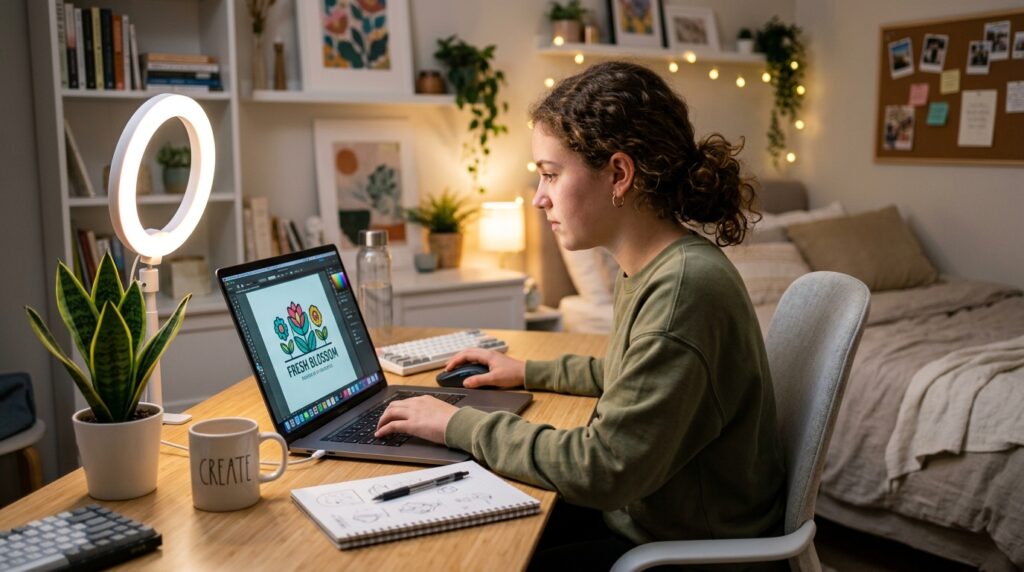 A teenage girl working on a laptop at a desk, freelancing on Fiverr to earn money online as a teenager
