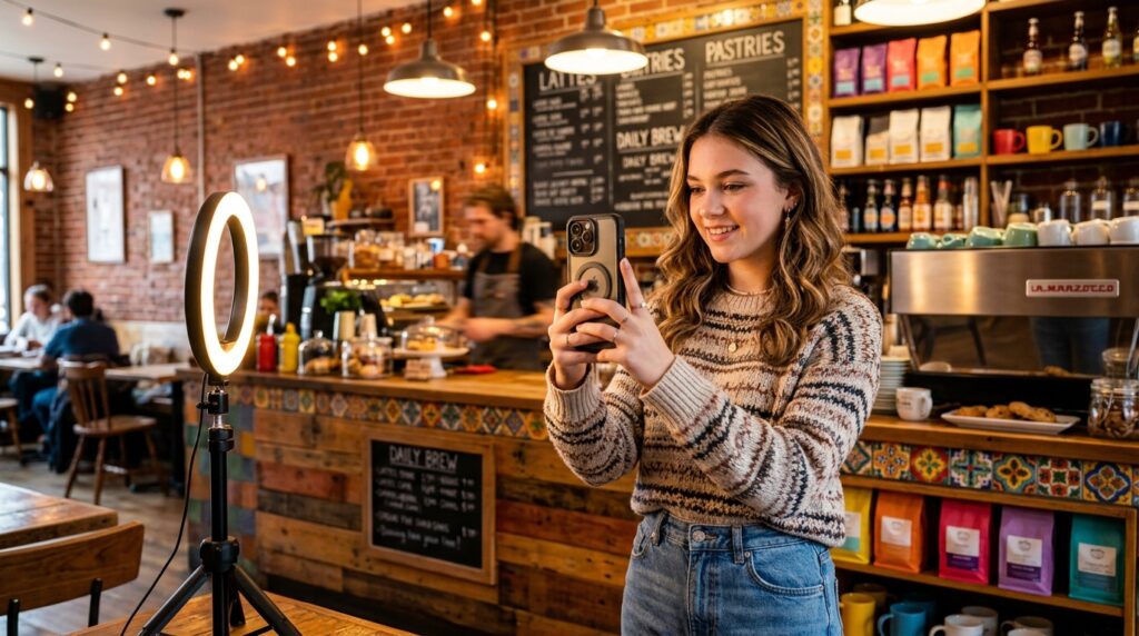 A teenage girl filming social media content for a local coffee shop with a smartphone, showing how teens can earn money managing social media