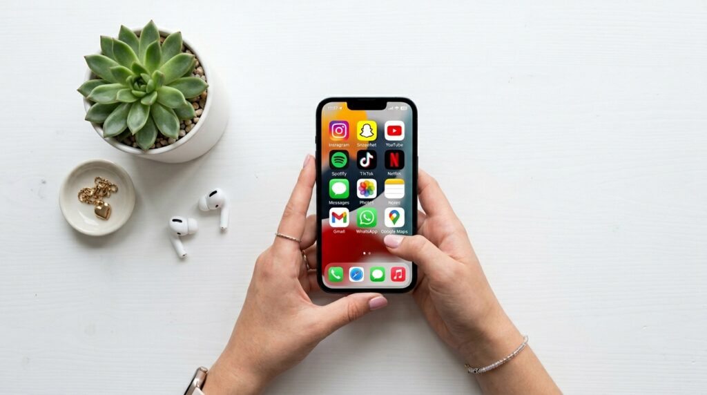 Overhead flat lay of a teenager's hands holding a smartphone with colorful app icons visible, representing the best money-making apps for teens in 2026