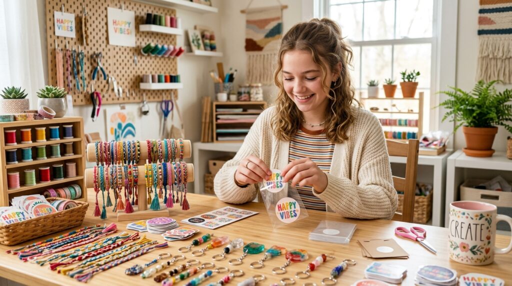 A teenage girl packaging handmade stickers and bracelets at a craft table, selling homemade items to make money as a teen