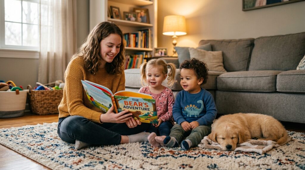 A teenage girl reading a picture book to two young children with a puppy nearby, showing babysitting as a way to make money as a teenager