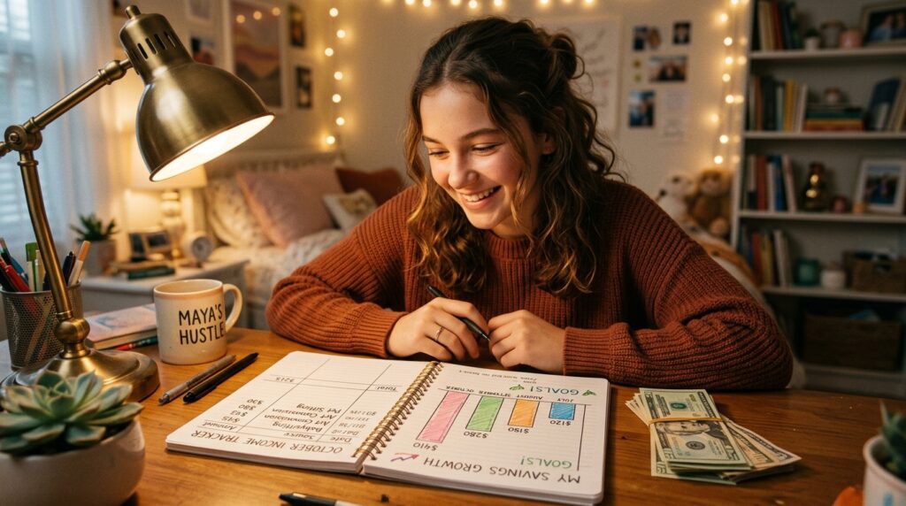 A teenage girl reviewing a handwritten income tracker notebook with a bar graph and small cash stack beside it, showing realistic teen earning potential