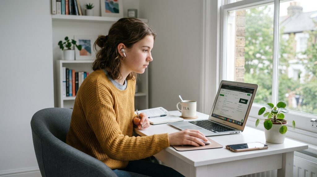 A teenage girl working on a laptop with freelance platform tabs open on screen, showing online ways to make money for teens from home