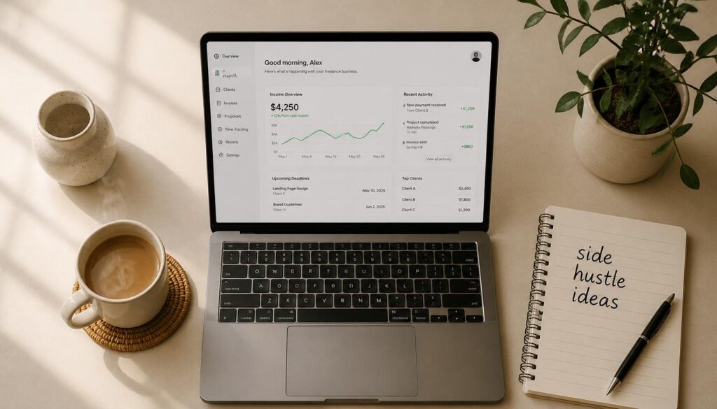 Laptop, coffee, and notebook on a desk representing online side hustles for beginners